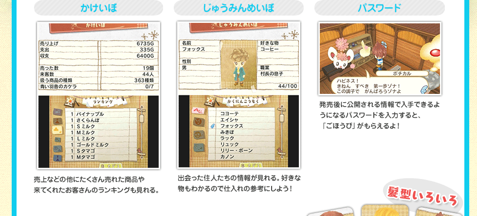 かけいぼ 売上などの他にたくさん売れた商品や来てくれたお客さんのランキングも見れる。 じゅうみんめいぼ 出会った住人たちの情報が見れる。好きな物もわかるので仕入れの参考にしよう！ パスワード 発売後に公開される情報で入手できるようになるパスワードを入力すると、「ごほうび」がもらえるよ