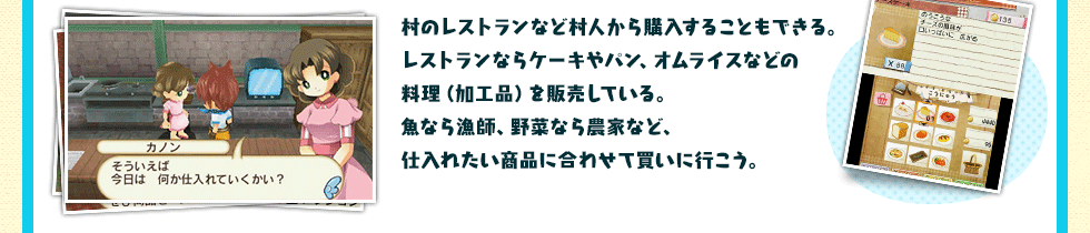 村のレストランなど村人から購入することもできる。レストランならケーキやパン、オムライスなどの料理（加工品）を販売している。魚なら漁師、野菜なら農家など、仕入れたい商品に合わせて買いに行こう。